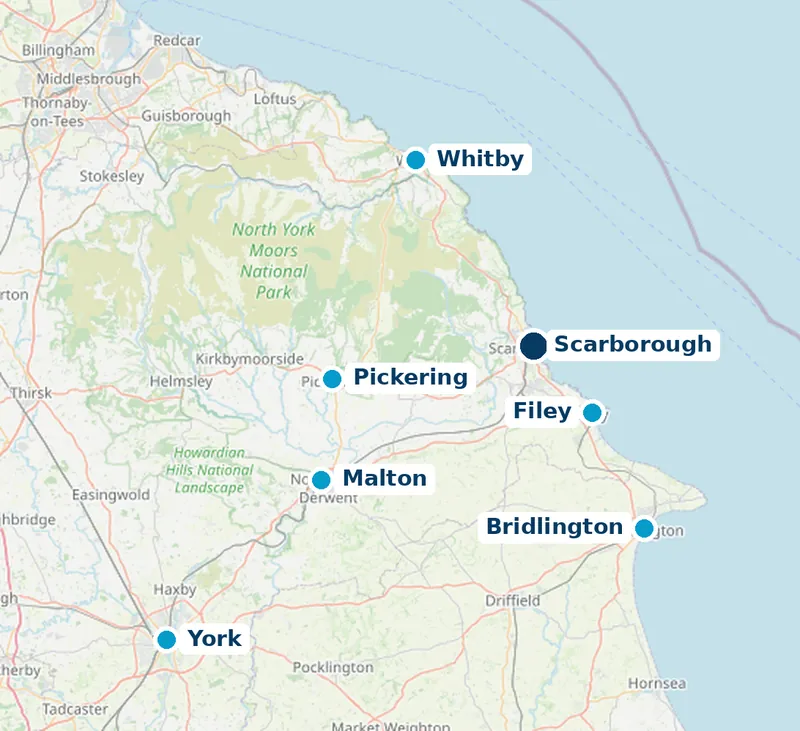 Map of the Yorkshire Coast marking the towns AGP covers: Whitby, Scarborough, Filey, Bridlington, Pickering, Malton and York.