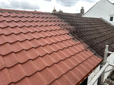 A red tile roof half cleaned: moss-covered tiles on one side, clean tiles on the other.