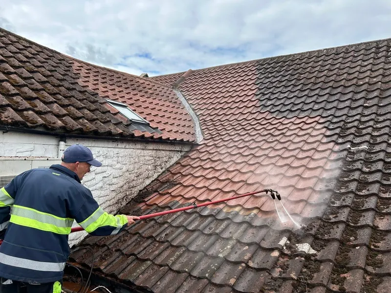 An AGP operative in hi-vis soft washing a pantile roof.